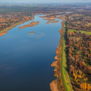 Rzeka Narew, panorama na Rezerwat Dzierzeninska Kepa. EU, PL, Mazowieckie. LOTNICZE.