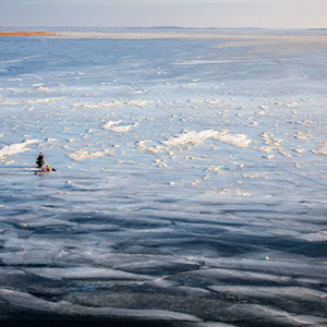 Jezioro Sniardwy zimowa pora, wedkarze lowiacy na tafli lodu. EU, Pl, Warm-Maz. Lotnicze.