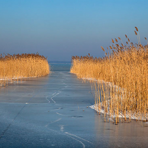 Jezioro Kisajno, zamarznieta row miedzy Wyspami Czapla i Karmuza Wielka. EU, PL, Warm-Maz.