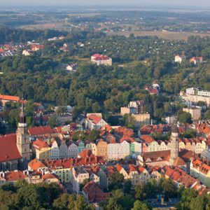 Boleslawiec, panorama na stare miasto. EU, PL, Dolnoslaskie. LOTNICZE.