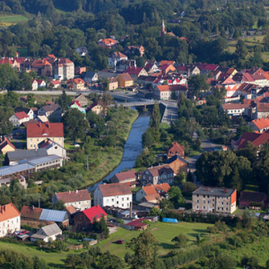 Lesna, panorama na miasto. EU, Pl, Dolnoslaskie. Lotnicze.