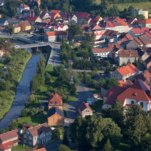 Lesna, panorama na miasto. EU, Pl, Dolnoslaskie. Lotnicze.