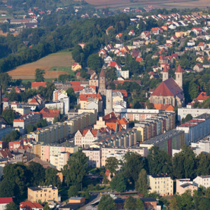 Lwowek Slaski, panorama of the city center. EU, PL, Dolnoslaskie. LOTNICZE.