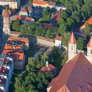 Lwowek Slaski, kosciol Wniebowziecia NMP oraz mury obrone miasta z Brama Lubanska. EU, PL, Dolnoslaskie. LOTNICZE.