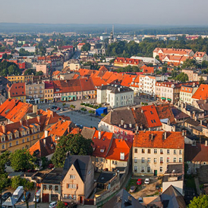 Milicz, panorama na rynek miejski. EU, Pl, Dolnoslaskie. Lotnicze.