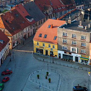 Milicz, rynek miejski. EU, Pl, Dolnoslaskie. Lotnicze.
