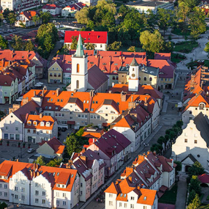 Polkowice, panorama starej czesci miasta od strony SW. EU, Pl, Dolnoslaskie. Lotnicze.