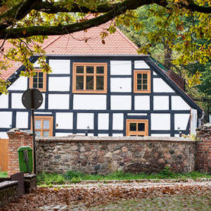 Lagow, dom szachulcowy przy ulicy Kosciuszki. EU, Pl, Lubuskie.