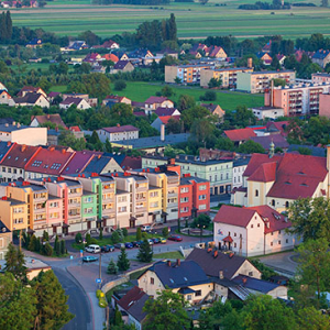 Lesnica, panorama na miasto. EU, Pl, Opolskie. Lotnicze.