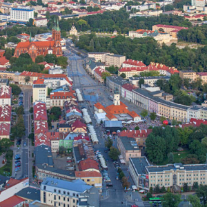 Bialystok. Panorama na centrum miasta-Rynek Kosciuszki. EU, Pl, Podlaskie. LOTNICZE.