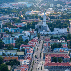 Bialystok. Ulica Lipowa, panorama od strony E. EU, Pl, Podlaskie. LOTNICZE.