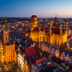 Gdansk, panorama miasta z lotu ptaka- Stare miasto. EU. PL,Pomorskie. Lotnicze.