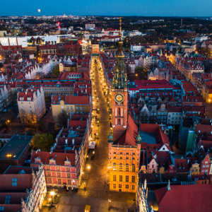 Gdansk, panorama miasta z lotu ptaka-Ratusz. EU. PL,Pomorskie. Lotnicze.