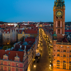 Gdansk, panorama miasta z lotu ptaka-ul. Dluga. EU. PL,Pomorskie. Lotnicze.