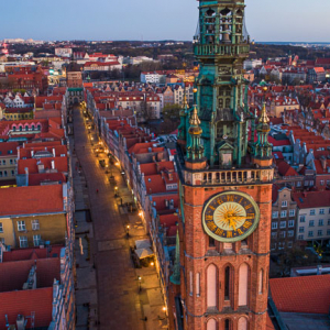Gdansk, panorama miasta z lotu ptaka-Ratusz i ul Dluga. EU. PL,Pomorskie. Lotnicze.