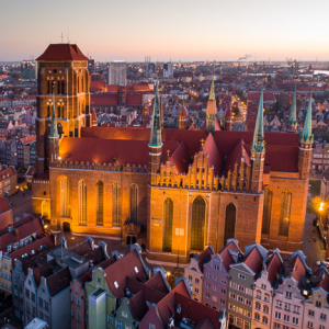 Gdansk, panorama miasta z lotu ptaka-Bazylika. EU. PL,Pomorskie. Lotnicze.