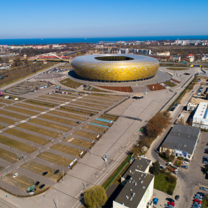 Gdansk, panorama miasta z lotu ptaka-Stadion EG. EU. PL,Pomorskie. Lotnicze.