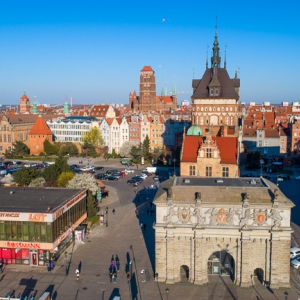 Gdansk, panorama miasta z lotu ptaka-Targ Weglowy. EU. PL,Pomorskie. Lotnicze.