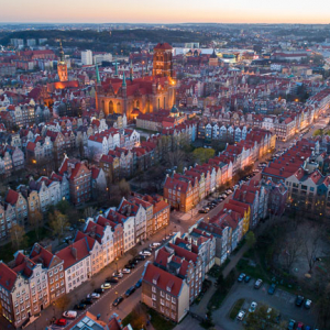 Gdansk, panorama miasta z lotu ptaka-Stare miasto. EU. PL,Pomorskie. Lotnicze.