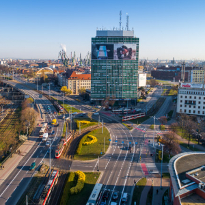 Gdansk, panorama miasta z lotu ptaka-Waly Jagielonskie. EU. PL,Pomorskie. Lotnicze.