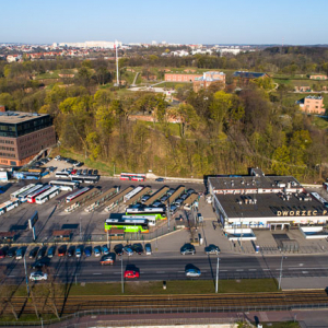 Gdansk, panorama miasta z lotu ptaka-Dworzec PKS. EU. PL,Pomorskie. Lotnicze.