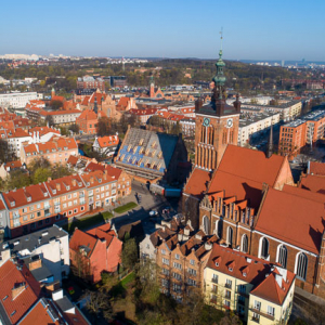 Gdansk, panorama miasta z lotu ptaka-kosciol Rektorski. EU. PL,Pomorskie. Lotnicze.