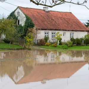 Lwowiec pow. bartoszycki. Intensywne, jesienne opady deszczu spowodowaly lokalne podtopienia poprzez wystapienie z koryta rz. Struga Mamlak.. EU, PL, warm-maz
