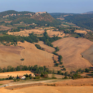 Panorama okolicy Montepulciano. EU, Italia, Toskania. LOTNICZE.