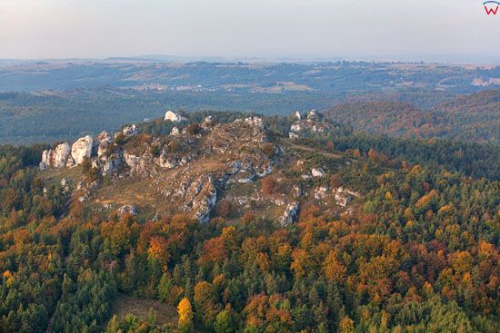 Jura Krakowsko - Czestochowska, Park Krajobrazowy Orlich Gniazd, Skaly Podlesickie. EU, Pl, Slaskie. LOTNICZE.