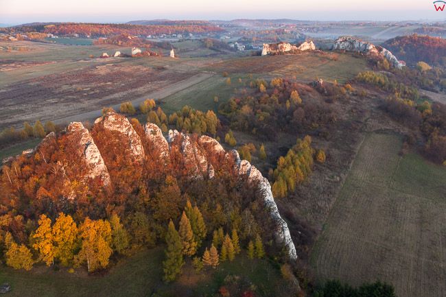 Park Krajobrazowy Dolinki Krakowskie, okolica Jerzmanowice. EU, Pl, Malopolska. Lotnicze.