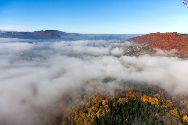 Dabrowska Gora 581 m n.p.m. u podnoza wies Dabrowa przykryta poranna mgla. EU, Pl, Malopolska. Lotnicze.