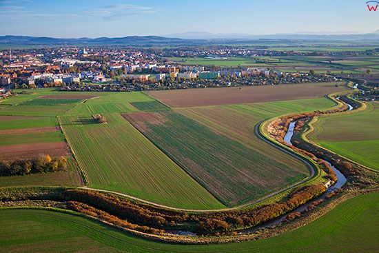 Jawor, panorama na miasto od strony NW przez rzeke Nysa Szalona. EU, Pl, Dolnoslaskie. Lotnicze.