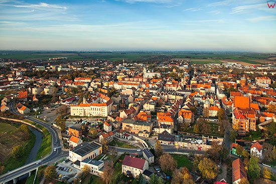 Jawor, panorama miasta od strony SSW. EU, Pl, Dolnoslaskie. Lotnicze.