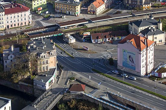 Klodzko, ulica Kosciuszki i dworzec PKS. EU, Pl, Dolnoslaskie. Lotnicze.