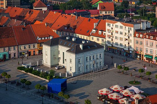 Milicz, panorama na rynek miejski. EU, Pl, Dolnoslaskie. Lotnicze.