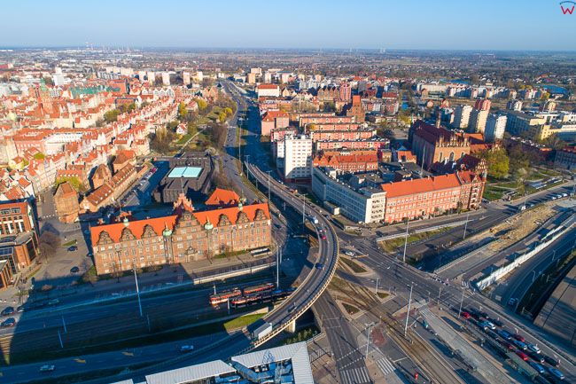 Gdansk, panorama miasta z lotu ptaka-Wezel UE. EU. PL,Pomorskie. Lotnicze.