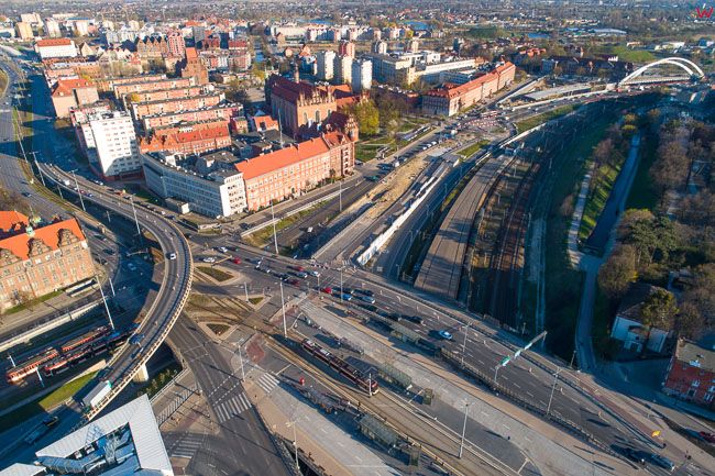 Gdansk, panorama miasta z lotu ptaka-Wezel UE. EU. PL,Pomorskie. Lotnicze.