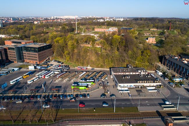 Gdansk, panorama miasta z lotu ptaka-Dworzec PKS. EU. PL,Pomorskie. Lotnicze.