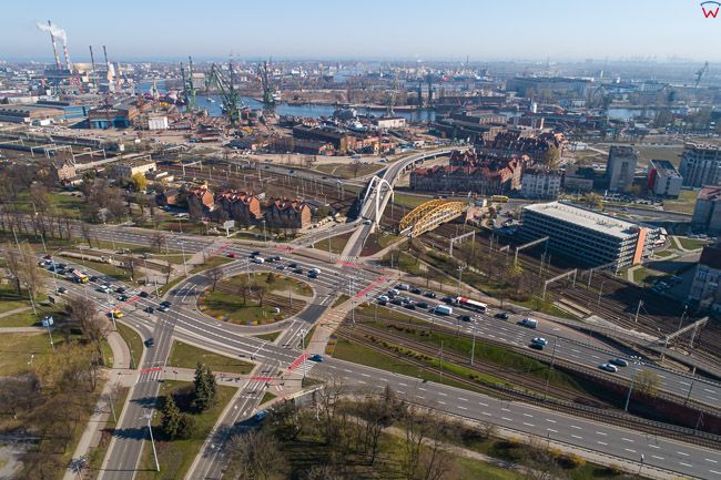 Gdansk, panorama miasta z lotu ptaka-Rondo Ofiar Katynia. EU. PL,Pomorskie. Lotnicze.