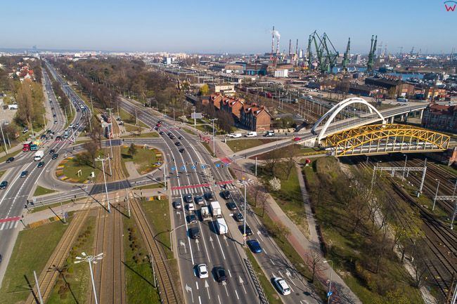 Gdansk, panorama miasta z lotu ptaka-Rondo Ofiar Katynia. EU. PL,Pomorskie. Lotnicze.
