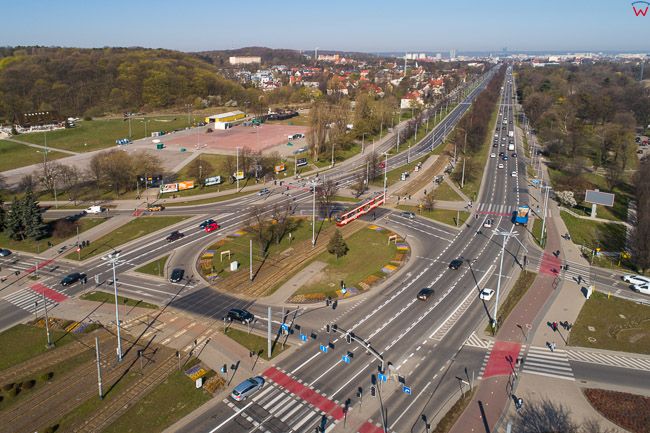 Gdansk, panorama miasta z lotu ptaka-Rondo Ofiar Katynia. EU. PL,Pomorskie. Lotnicze.