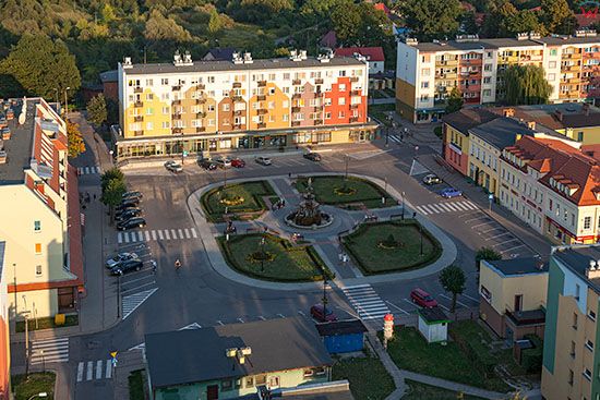 Prabuty, centrum starego miasta z rynkiem miejskim. EU, PL, Pomorskie. Lotnicze.