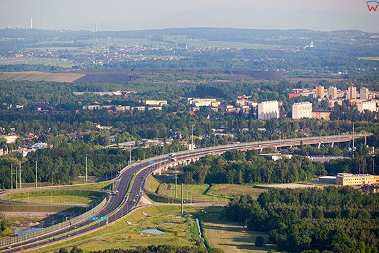 Gliwice, Autostrada A1 (Bursztynowa) na wysokosci Zatorze,. EU, PL, Slaskie. Lotnicze.