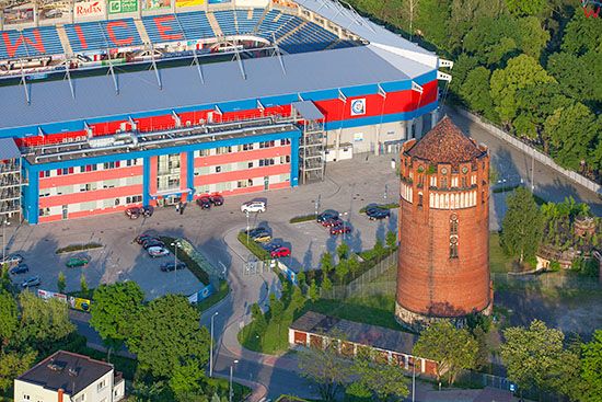 Gliwice, Stadion Miejski i Wieza Cisnien. EU, PL, Slaskie. Lotnicze.