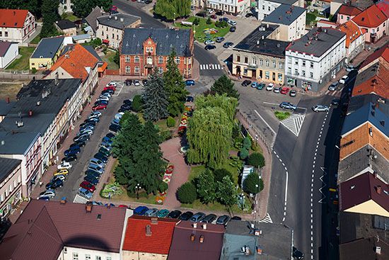 Odolanow, panorama na rynej miejski. EU, Pl, Wielkopolskie. Lotnicze.