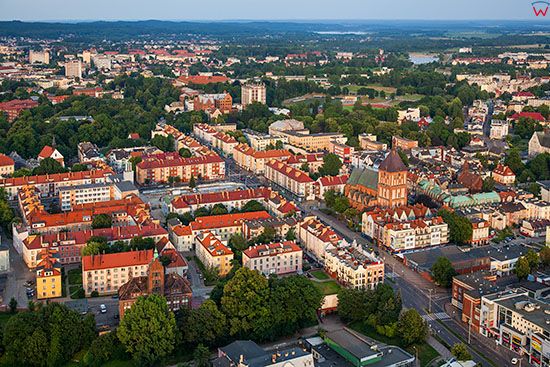 Koszalin, panorama na Stare Miasto. EU, Pl, Zachodniopomorskie. Lotnicze.