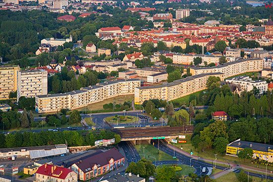 Koszalin, panorama na ulice Morska i centrum miasta. EU, Pl, Zachodniopomorskie. Lotnicze.