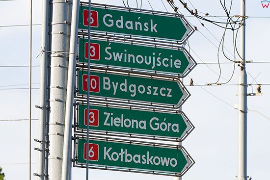 Szczecin, drogowskazy przy skrzyzowaniu ulic Wyszynskiego i Nabrzeze Wieleckie. EU, Pl, Zachodniopomorskie.