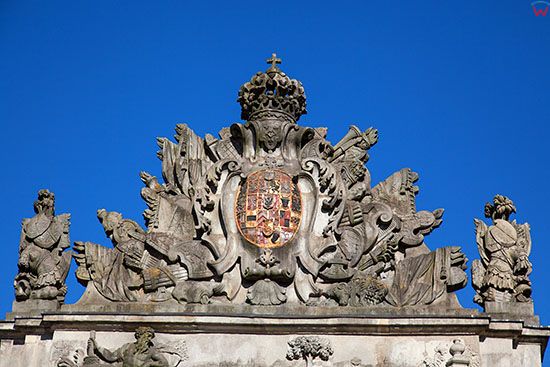 Szczecin, fasada Bramy Portowej z herbarzem. EU, Pl, Zachodniopomorskie.