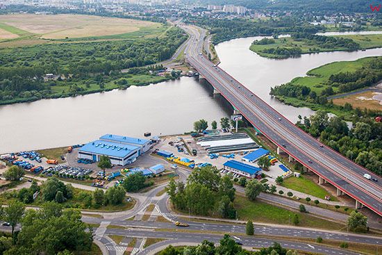 Szczecin, most im. Pionierow Szczecinia na Odrze Wschodniej, panorama od str. NW. EU, Pl, Zachodniopomorskie. Lotnicze.